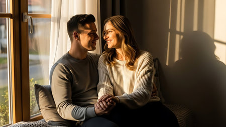 beautiful young couple sitting on windowsill and looking at each otherの素材