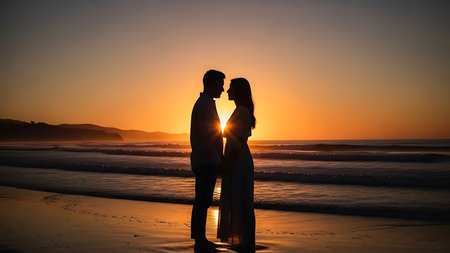 Silhouette of a newlywed couple at sunset on the beachの素材