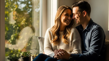 Happy young couple sitting on the windowsill and looking at each otherの素材