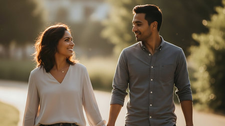 Young couple walking in the park. They are looking at each other and smiling.の素材