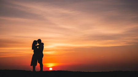 Silhouette of man and woman kissing at sunset sky background.の素材