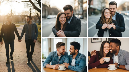 collage of happy young couple holding hands and drinking coffee in cafeの素材