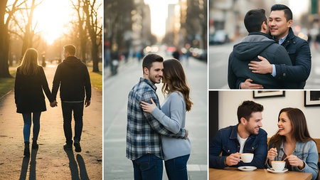 collage of smiling man hugging woman and looking at each other on city streetの素材