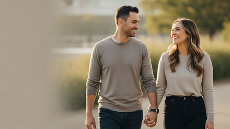 happy young couple holding hands and walking in park, panoramic shotの素材