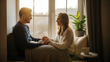 Young couple in love sitting on the windowsill at home and drinking coffeeの素材