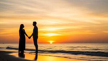 Silhouette of romantic couple holding hands on the beach at sunsetの素材
