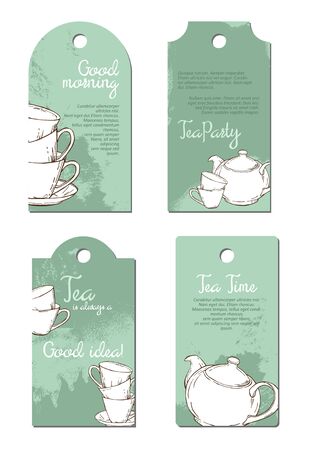 Four tags with cups  and teapots, vector illustrationのイラスト素材