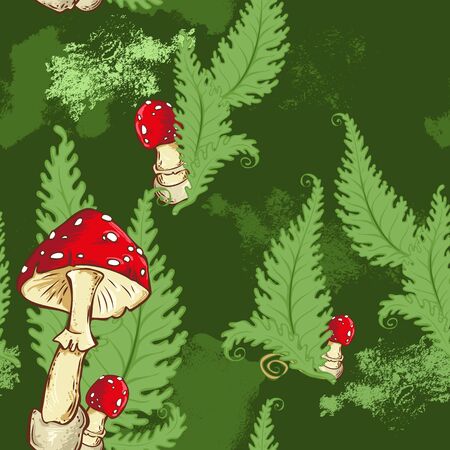 Seamless pattern with amanita mushroom and fern leaves on green background. Vector illustrationのイラスト素材