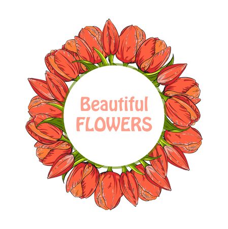Circle shape of red tulips flowers on white background, template for your design. Vector illustrationのイラスト素材