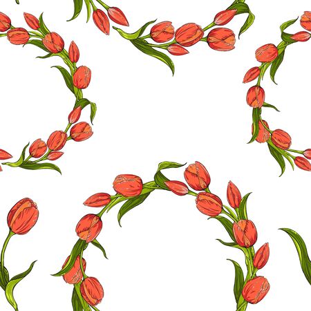 Seamless pattern with circles of tulips on white background. Vector illustrationのイラスト素材