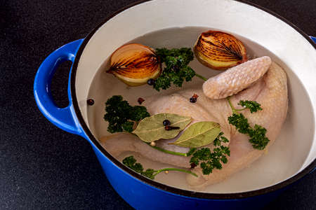 Healthy chicken soup ready for cookingの写真素材
