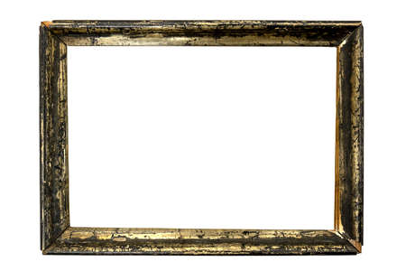 old wooden picture frame formerly gilded, but the gold has mostly faded, isolated on white backgroundの写真素材