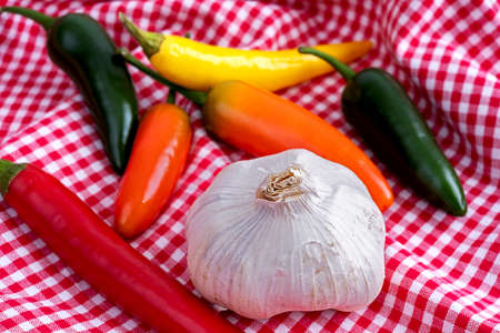 Chili peppers with a bulb of garlic lying on a white checkered towelの写真素材