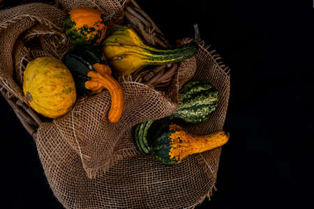 small pumpkins for decoration in a basket lined with flax