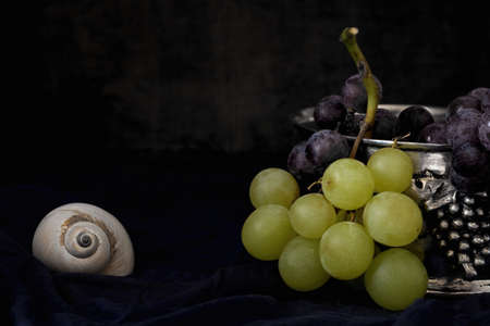 close up of green and blue grapes in a pewter bowl decorated on samz and a snail shellの写真素材