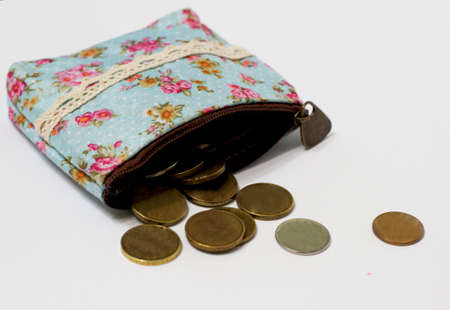 blue wallet with coins on a white background, isolatedの写真素材