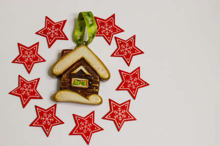 red stars made of wood and Christmas decorations