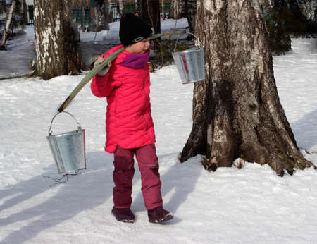 girl carries a rocker with two buckets on her shouldersの写真素材