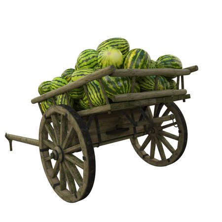 Wooden cart filled to the top with watermelonsの写真素材