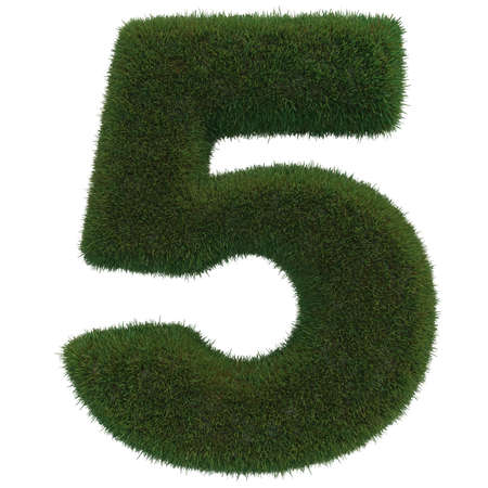 Collection of numbers. Green grass filled the 5 character. Zero to nine, figures. isolated from a white background.の写真素材