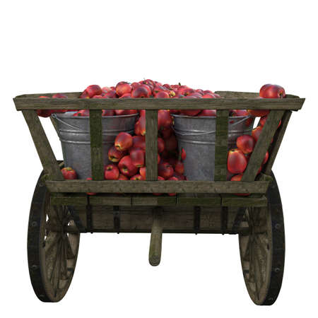 Wooden cart filled with buckets of ripe apples. The cart is filled with red apples. Harvesting ripe juicy apples.の写真素材
