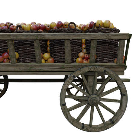 Wooden cart filled with buckets of ripe apples. The cart is filled with red apples. Harvesting ripe juicy apples.の写真素材