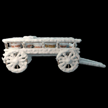3d render wooden cart with clay pots and wooden barrels covered with a small layer of snow.3d imageの写真素材
