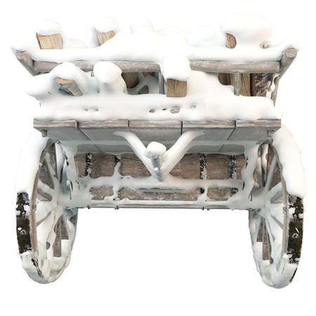 Wooden cart with firewood strewn with a layer of snow in the villageの写真素材