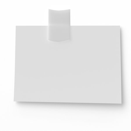 Vertical blank paper sheet attached with transparent tape on white background. Realistic stationery mockup for design or presentation.の写真素材