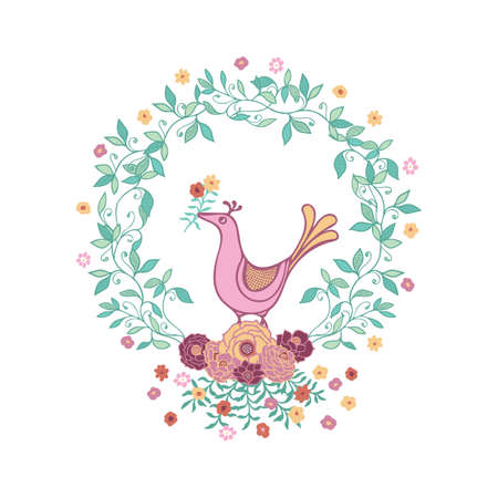 Cute bird holding flower in a wreath vector illustration for fashion placement print, fabric, cards, invitations.のイラスト素材
