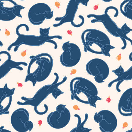 Funny cartoon cute blue cats. Seamless pattern with sleeping and playing kittens on white background. Winter texture with Christmas ornaments. Surface pattern design.のイラスト素材