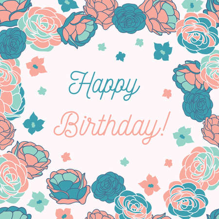 Blue rose garden ditsy floral Happy Birthday vector greeting card. Vector graphic design.のイラスト素材