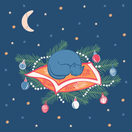 Cute kitty is sleeping on a pillow on top of pine branches with Christmas ornaments vector illustrationのイラスト素材