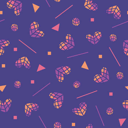 80s vector seamless pattern with hearts and geometric motifs. Colored hearts, Valentines day...