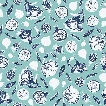 Vector seamless pattern background with elements flowers, leaves, fig fruit, pomegranate, berries, artichokes in white and blue colors. Surface pattern design for fabric, wallpaper, scrapbooking projects.のイラスト素材