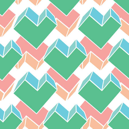 Vector 3D geometric surface seamless vector pattern with heart shapes abstract paneling decor background in green and pink color. Surface pattern design for fabric, wallpaper, scrapbooking, cards and backgrounds.のイラスト素材