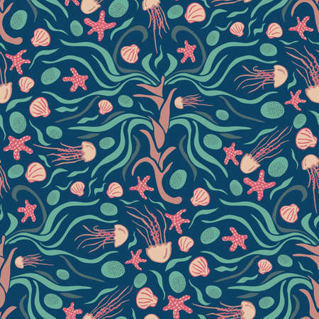 Underwater floral seamless vector pattern with posidonia sea grass, starfish, and jelly fish....