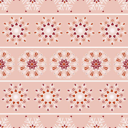 Bohemian Christmas lace snowflakes with horizontal stripes vector seamless pattern on bright orange background for fabric, wallpaper, scrapooking projects for the winter Holidays.のイラスト素材