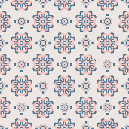 Blue and pink Indian block print abstract floral seamless vector pattern background with stylised...