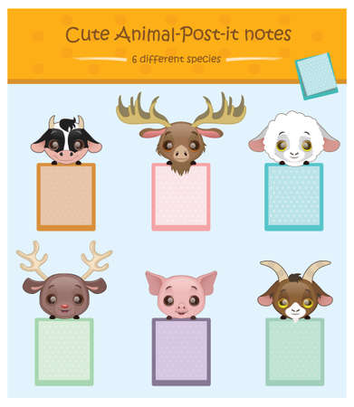 Cute animal notes with 6 different species - cow, moose, sheep, reindeer, pig, goatのイラスト素材