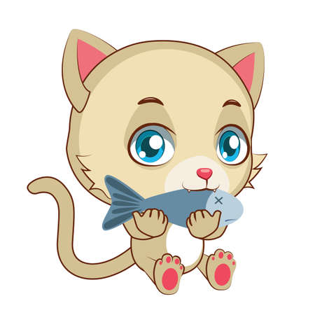 Yellow cat eating a fishのイラスト素材