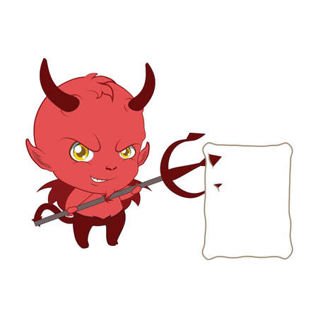 Little devil holding up a note with his pitchfork