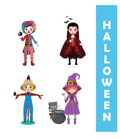 Collection of 4 Halloween characters - Evil Clown, Vampire, Scarecrow, Witchのイラスト素材