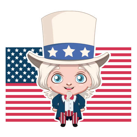 Cute Uncle Sam with USA flag backgroundのイラスト素材