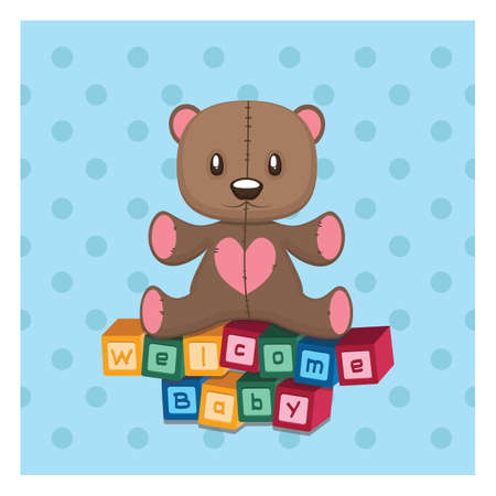 Welcome baby greeting with teddy and building blocksのイラスト素材