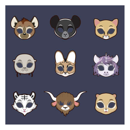Collection of animal masks for Halloween and various festivitiesのイラスト素材