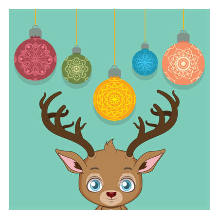 Cute reindeer and colorful hanging baubles illustrationのイラスト素材