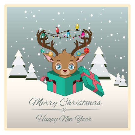 Cute reindeer with decorated antlers sitting in an opened gift boxのイラスト素材