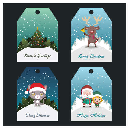 Collection of four colorful Christmas tags with festive textのイラスト素材