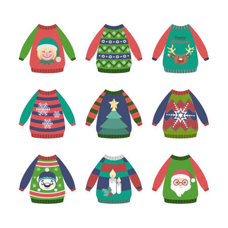 Collection of colorful ugly Christmas sweaters with patternsのイラスト素材